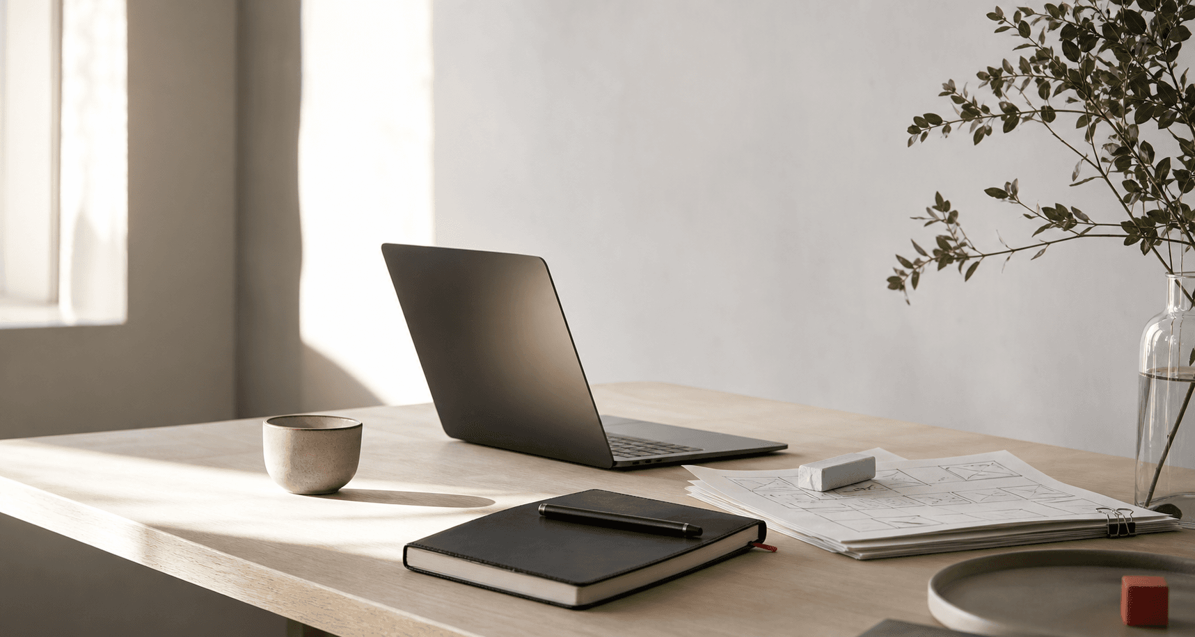 A quiet founder studio desk with a laptop, notebook, and product sketches.