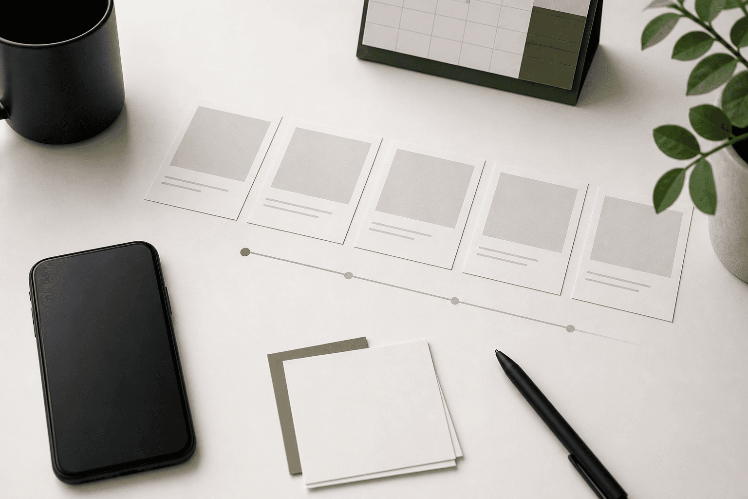 Minimal paper cards arranged like a light social publishing queue.